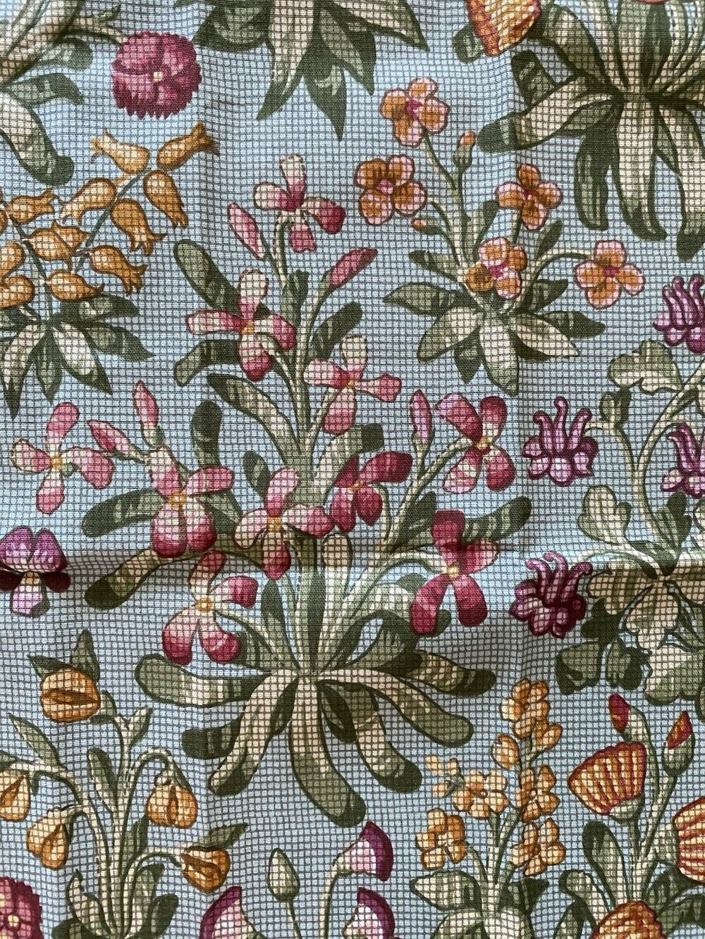Pair Liberty William Morris Style Faux Cross-stitch Floral Fabric Blue Colorway